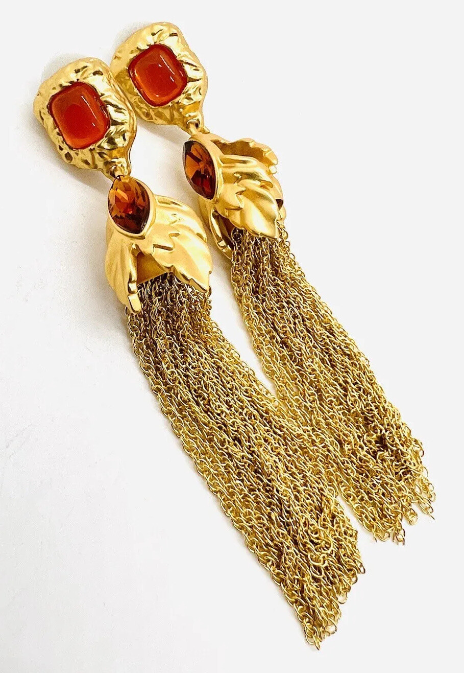Long Catwalk Jon Amber Poured Resin & Rhinestone Chain Tassel Earrings Posts New