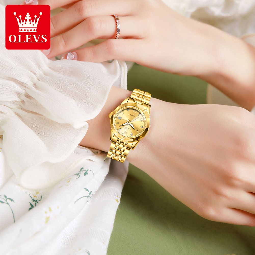 OLEVS Women Quartz Watch Stainless Steel Waterproof Wristwatch-Gold
