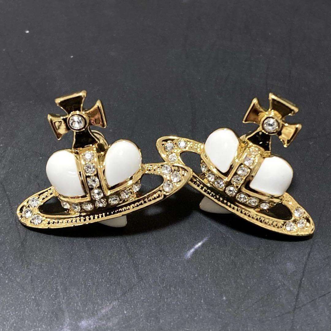 Vivienne Westwood Earrings Pierce Diamante Heart Gold White 2.5 cm w/drawstring