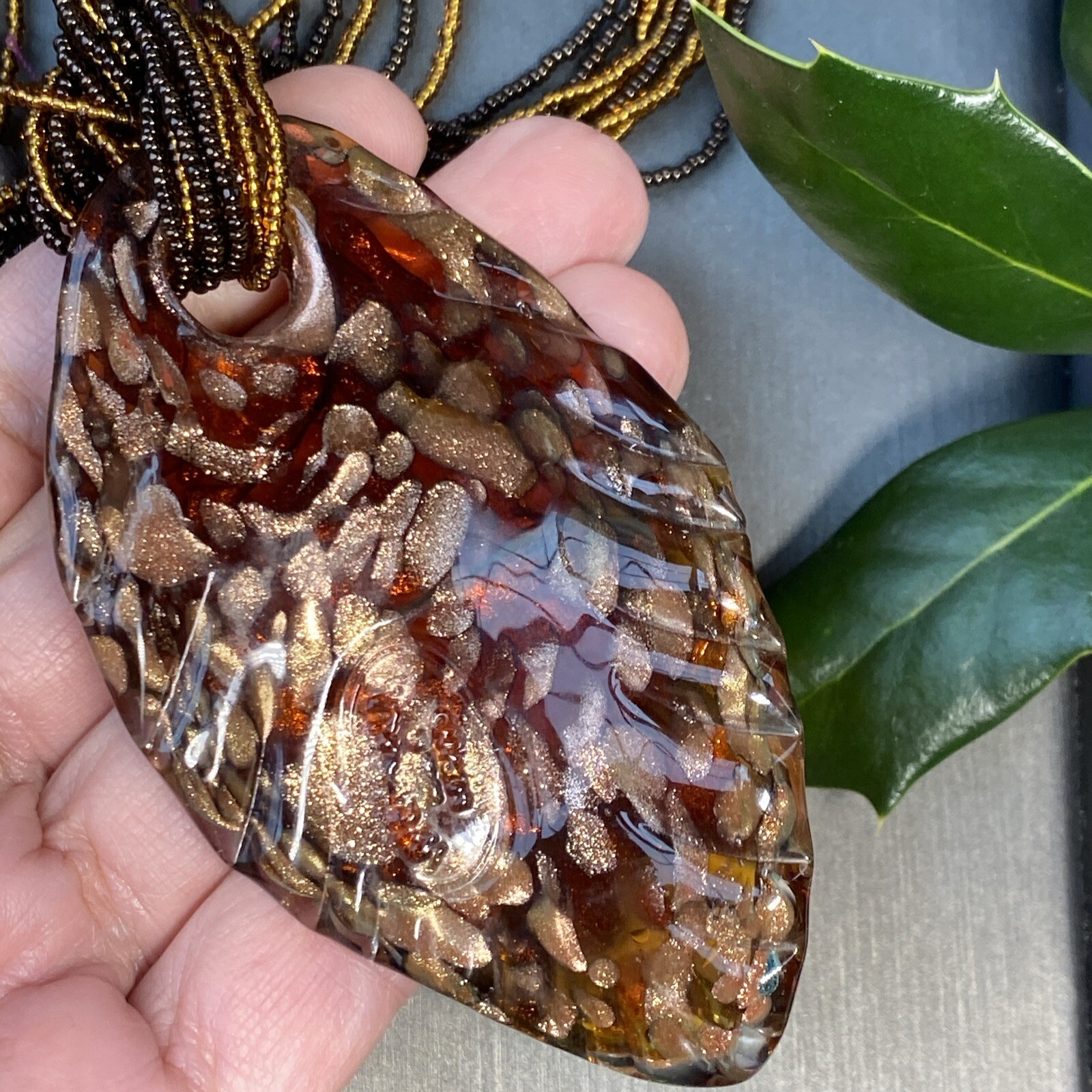 Vintage Pendant Necklace Handblown Murano Italy Art Glass 24K Gold Fleck Signed
