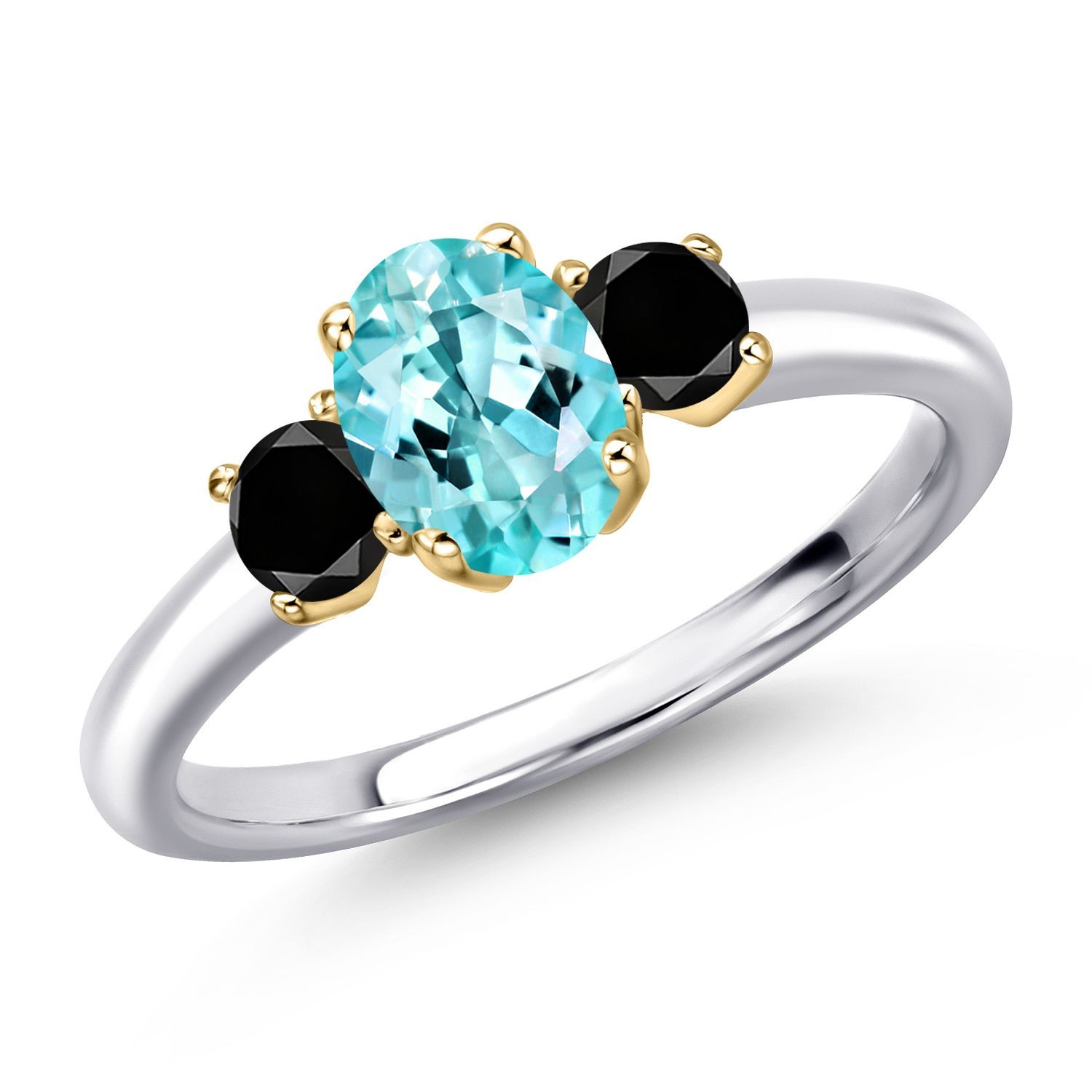 925 Silver and 10K Yellow Gold Blue Apatite and Black Diamond Engagement Ring