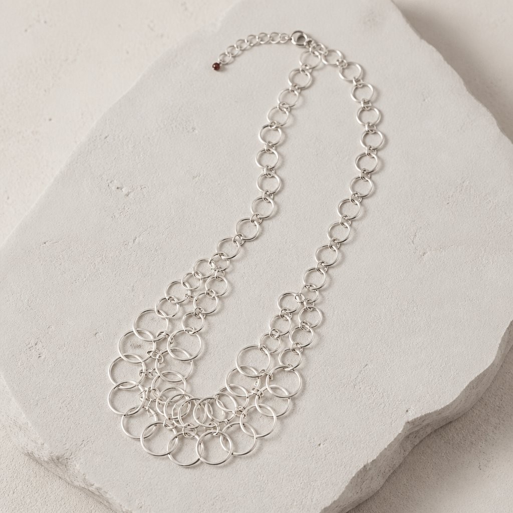 Modern Silver Tone Multi-Strand Open Circle Link Necklace