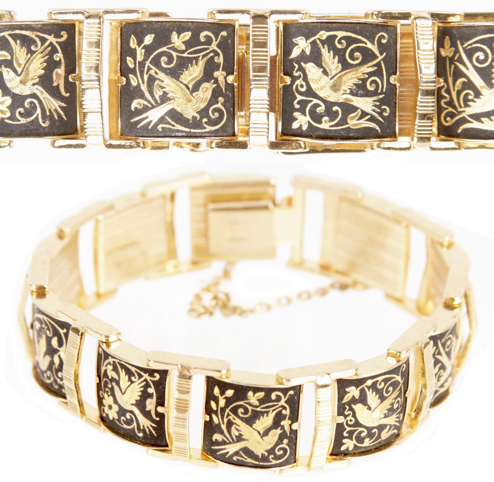 Vintage Spanish Toledo Bird Pattern Damascene Gold Plated Link Panel Bracelet