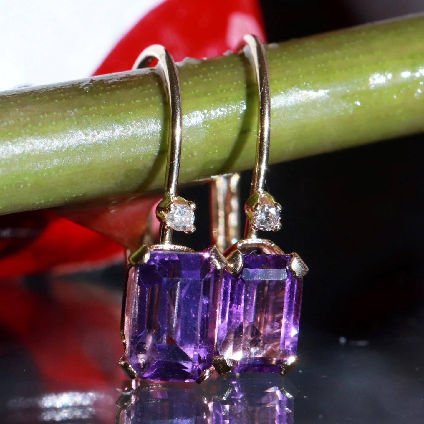 14k yellow gold earrings 0.82ct amethyst diamond 0.61″ dangle 0.91gr N3685