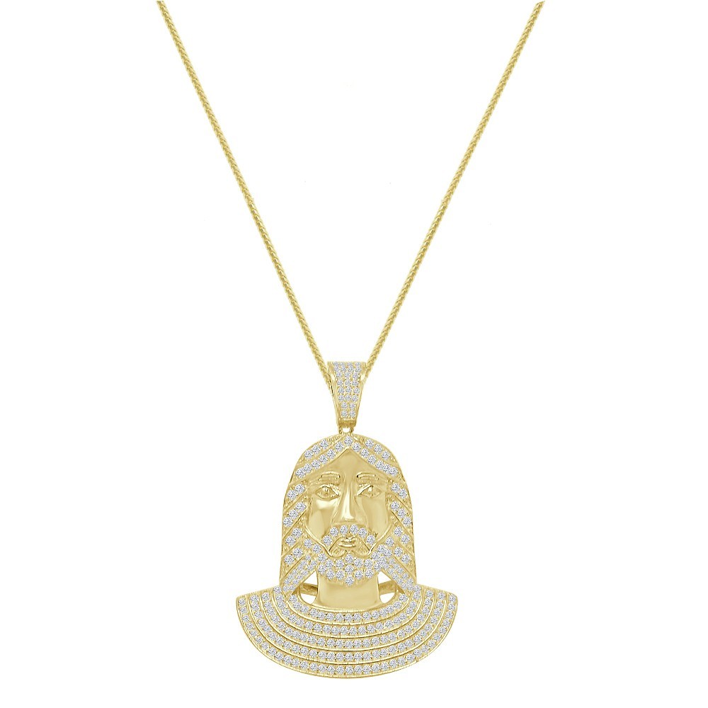 Real Silver 14K Gold Bonded Jesus Face Piece Pendant Charm 1.50″ +Free Neckless