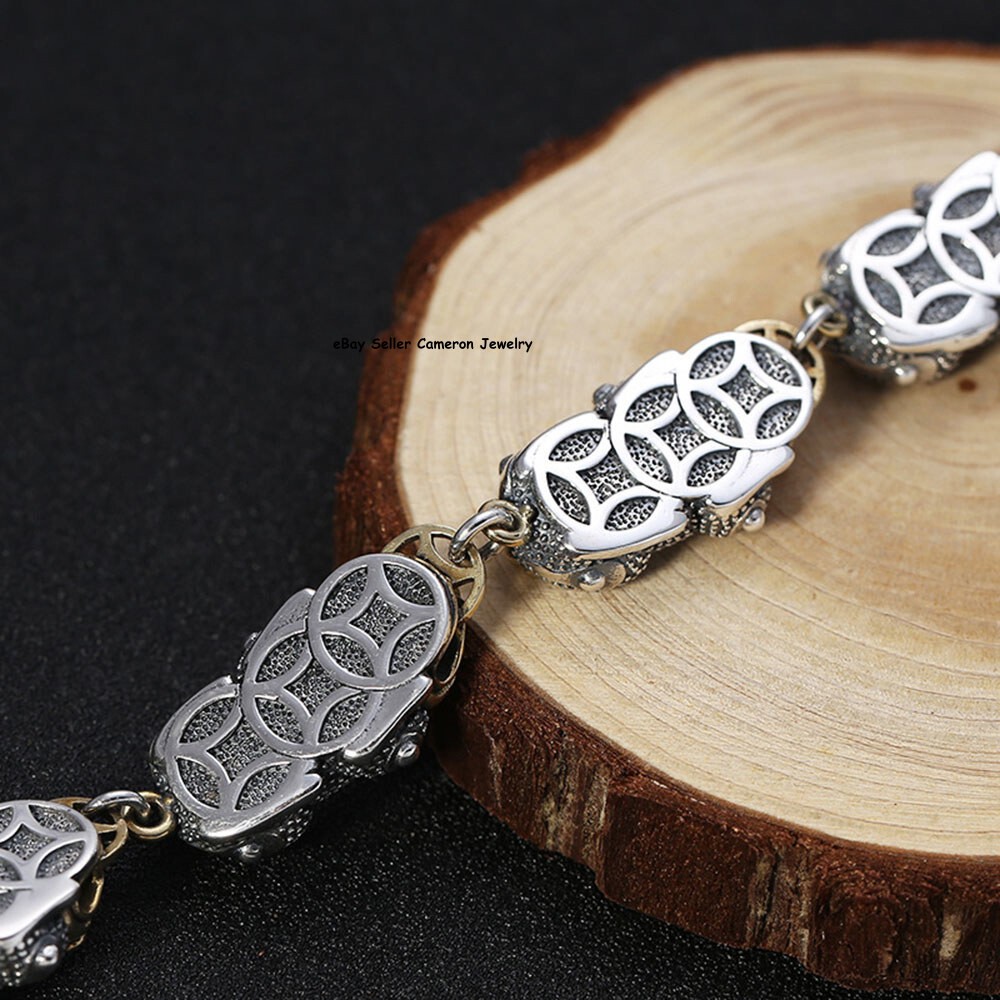 Solid 925 Sterling Silver Chain Men 15mm Two Tone Pixiu Link Bracelet 7.9+1.2″L