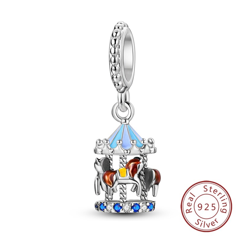 MULA 925 Sterling Silver DIY Charm CZ Enamel Blue Carousel For Women Bracelet
