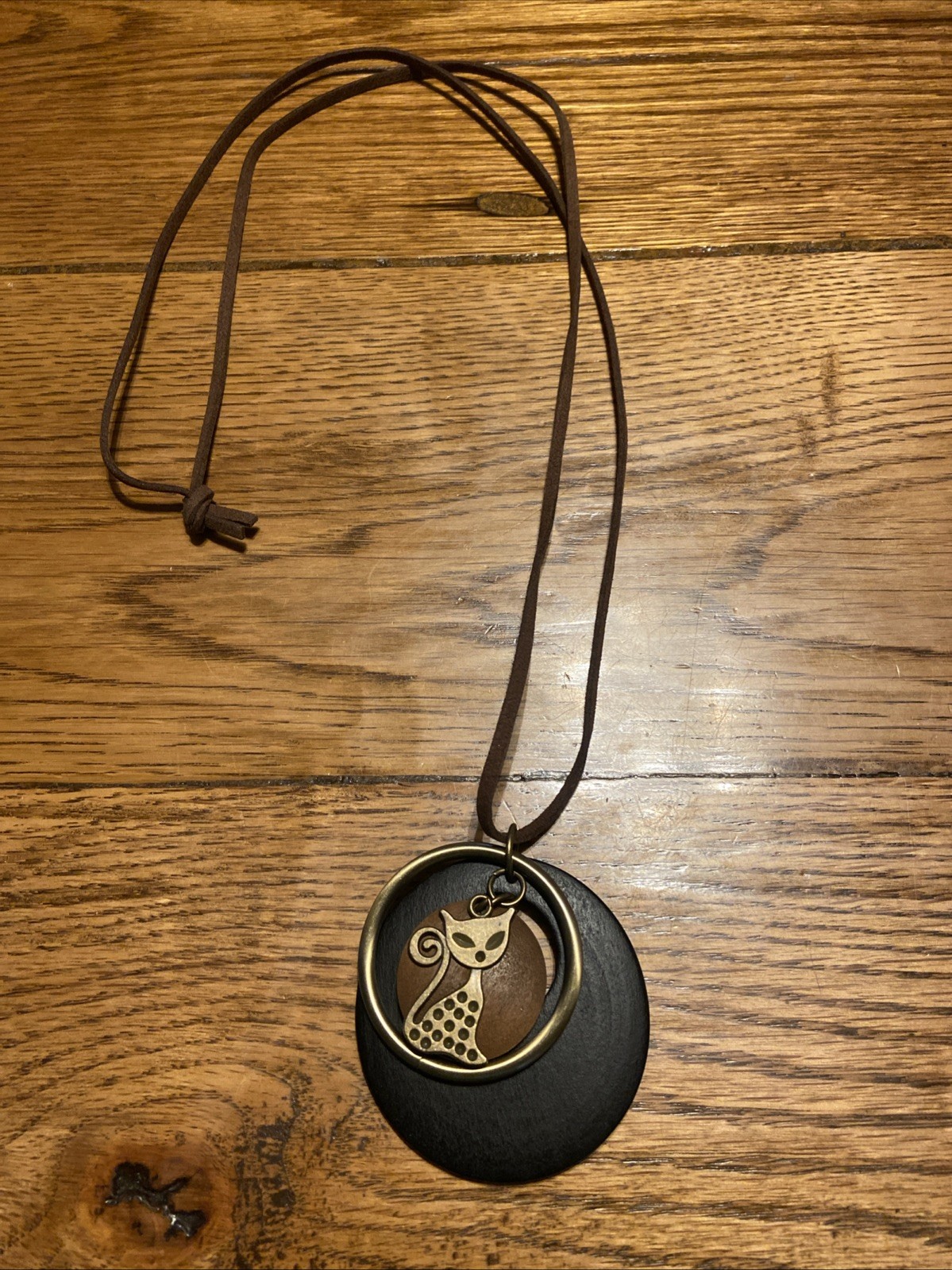 Handcrafted Cat Pendant Necklace with Wood, Brass, Brown Cord Boho