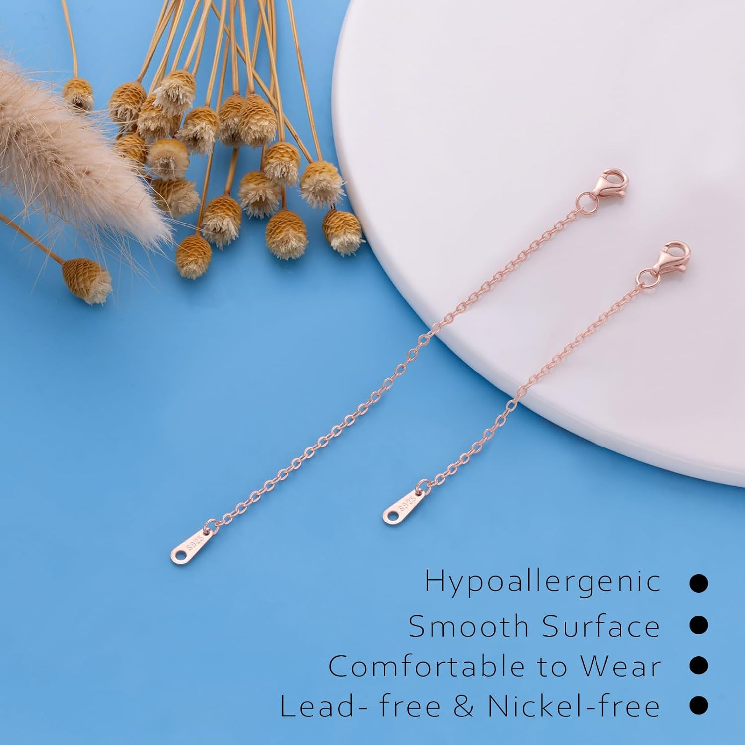 Rose Gold Necklace Extender for Women, Bracelet Anklets, 3+4 Inch | 925 Sterling