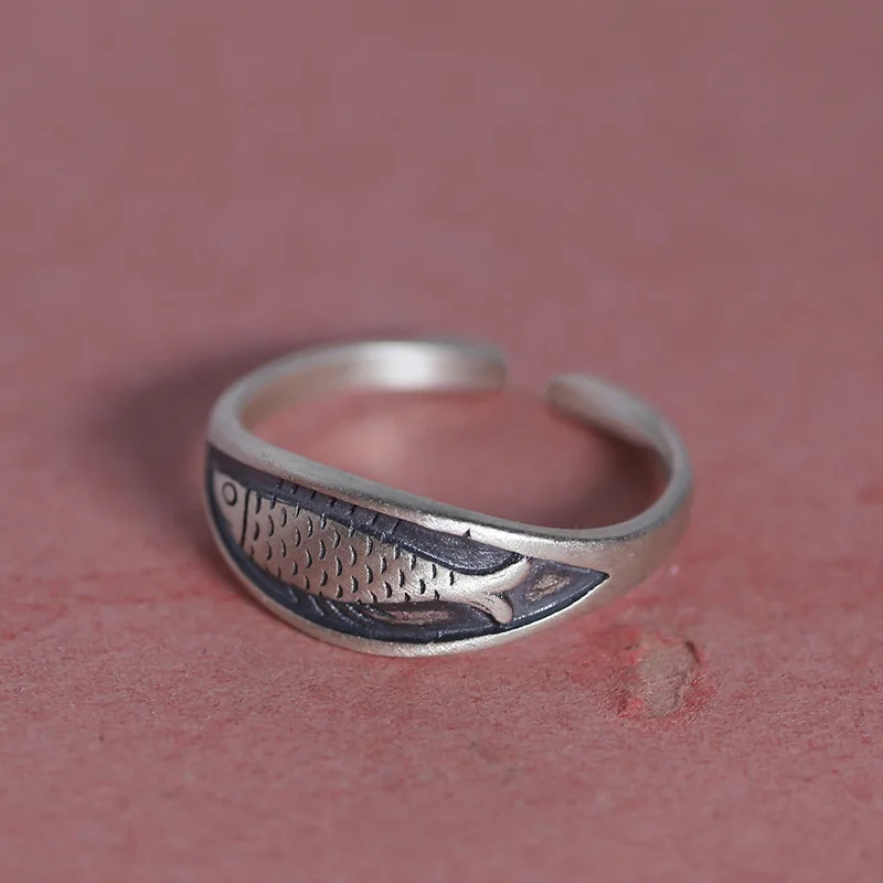 Retro Fish Ring Sterling Silver 925 Geometric Adjustable Open Cocktail Band