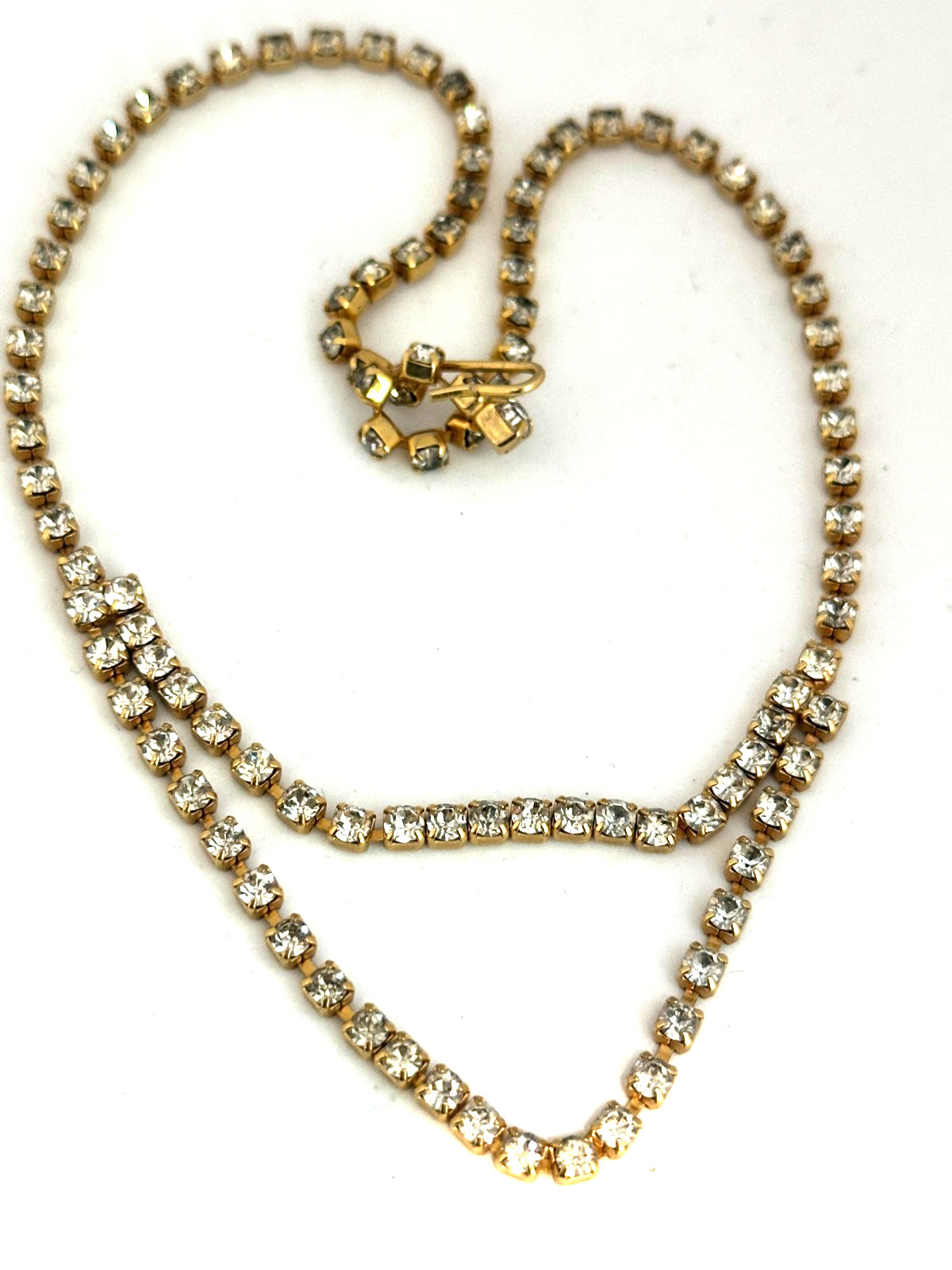 Vintage Clear Rhinestone Tennis Necklace Gold Tone Choker Cup Chain