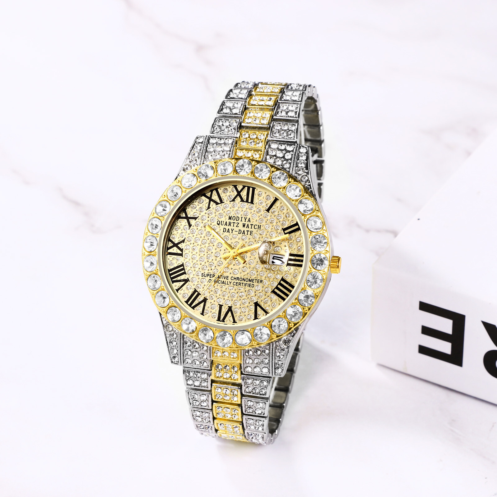 Hip Hop Men CZ Iced Round Stainless Steel Date Quartz Wrist Watch Cuban Bracelet