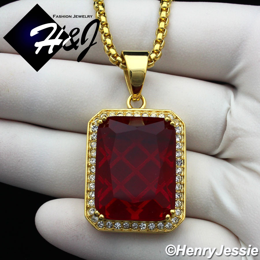 18-36″MEN Stainless Steel 3mm Gold Plated Box Chain Simulated Ruby Pendant*GP103