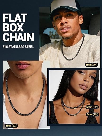 Stainless Steel Box Link Chain Necklace Men Silver Gold Black 14-30in