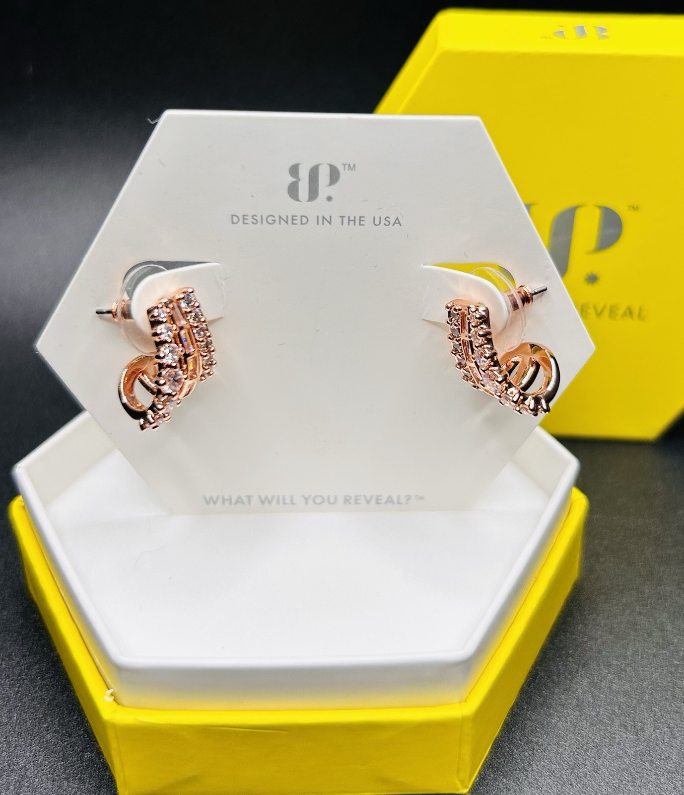 Bomb Party Earrings ER14196 “Filing Late, Looking Rich” Diamond CZ on Rose Gold