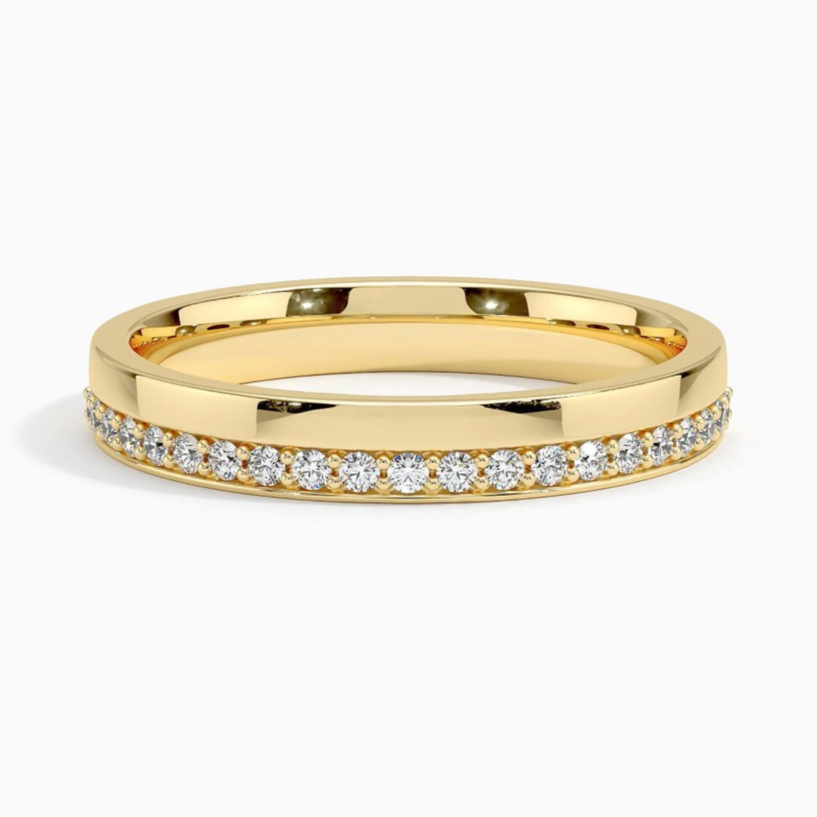 14K Gold Minimalist One Side Pave Wedding Band Flat Comfort Fit Classic Band