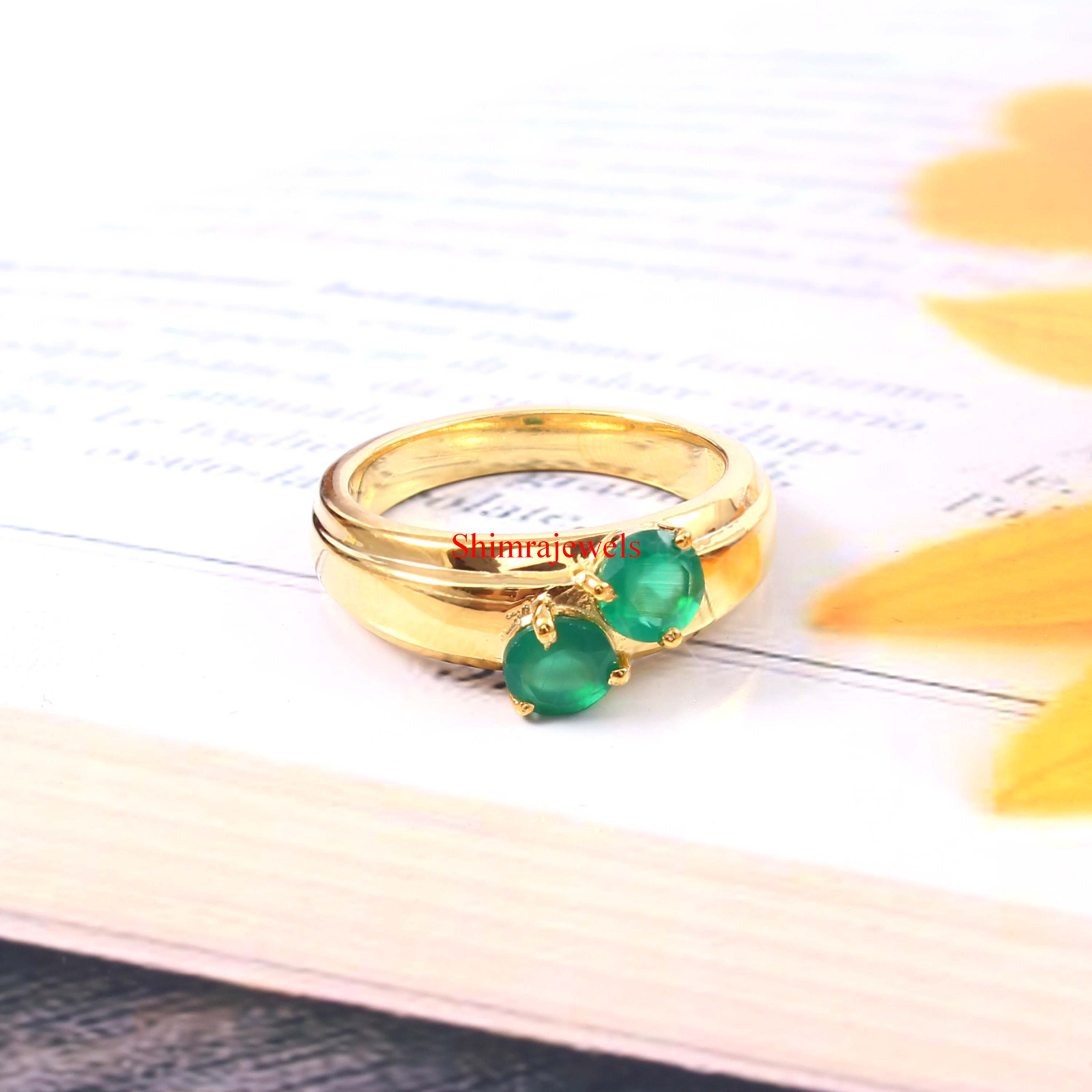 Natural Green Onyx Gemstone With 18k Gold Plated Silver Women’s Ring #20