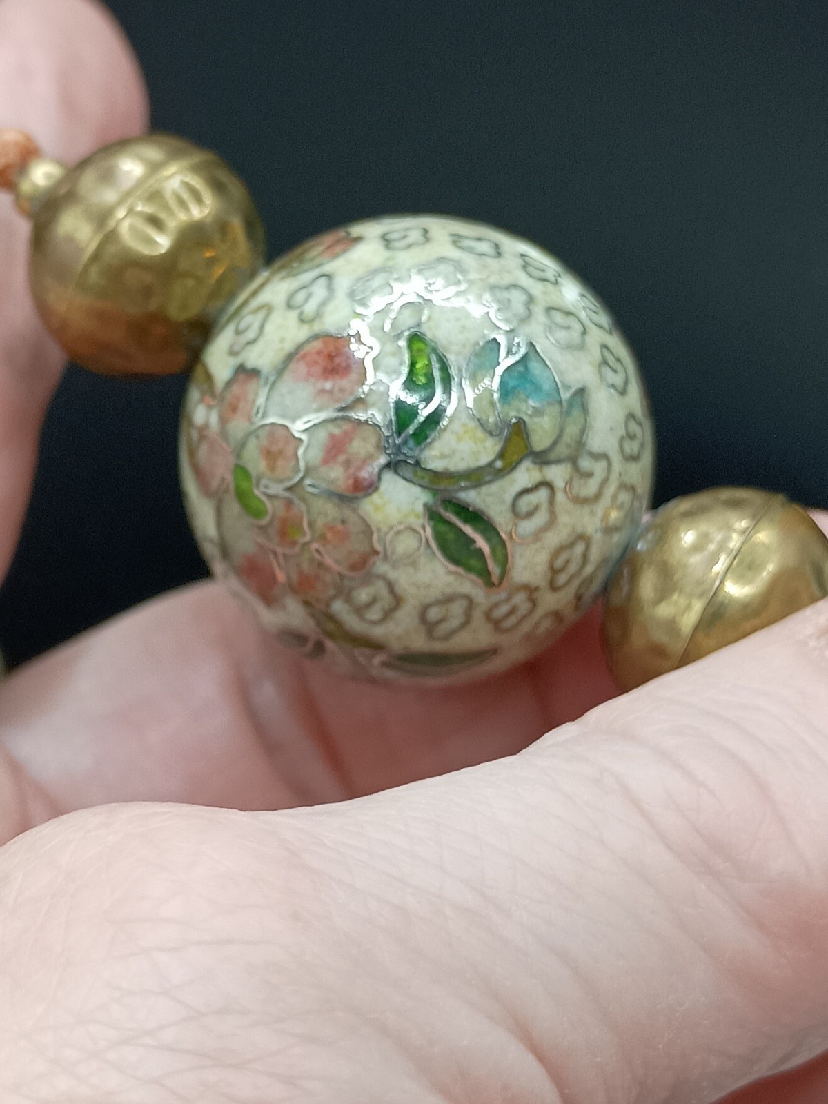 Vintage Chinese Export Cloisonne Floral Beaded Necklace Clay Brass 32” Long
