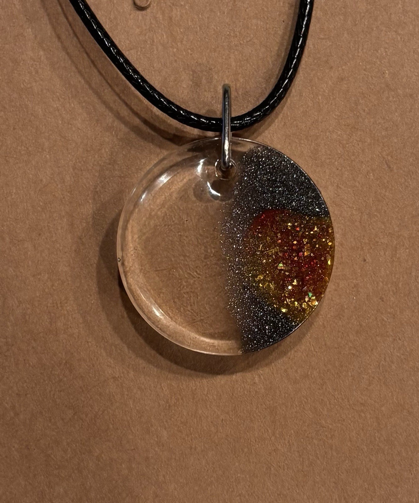 Handmade Resin Pendant Clear Black Red Gold Sparkle Minimalist Boho Art Jewelry