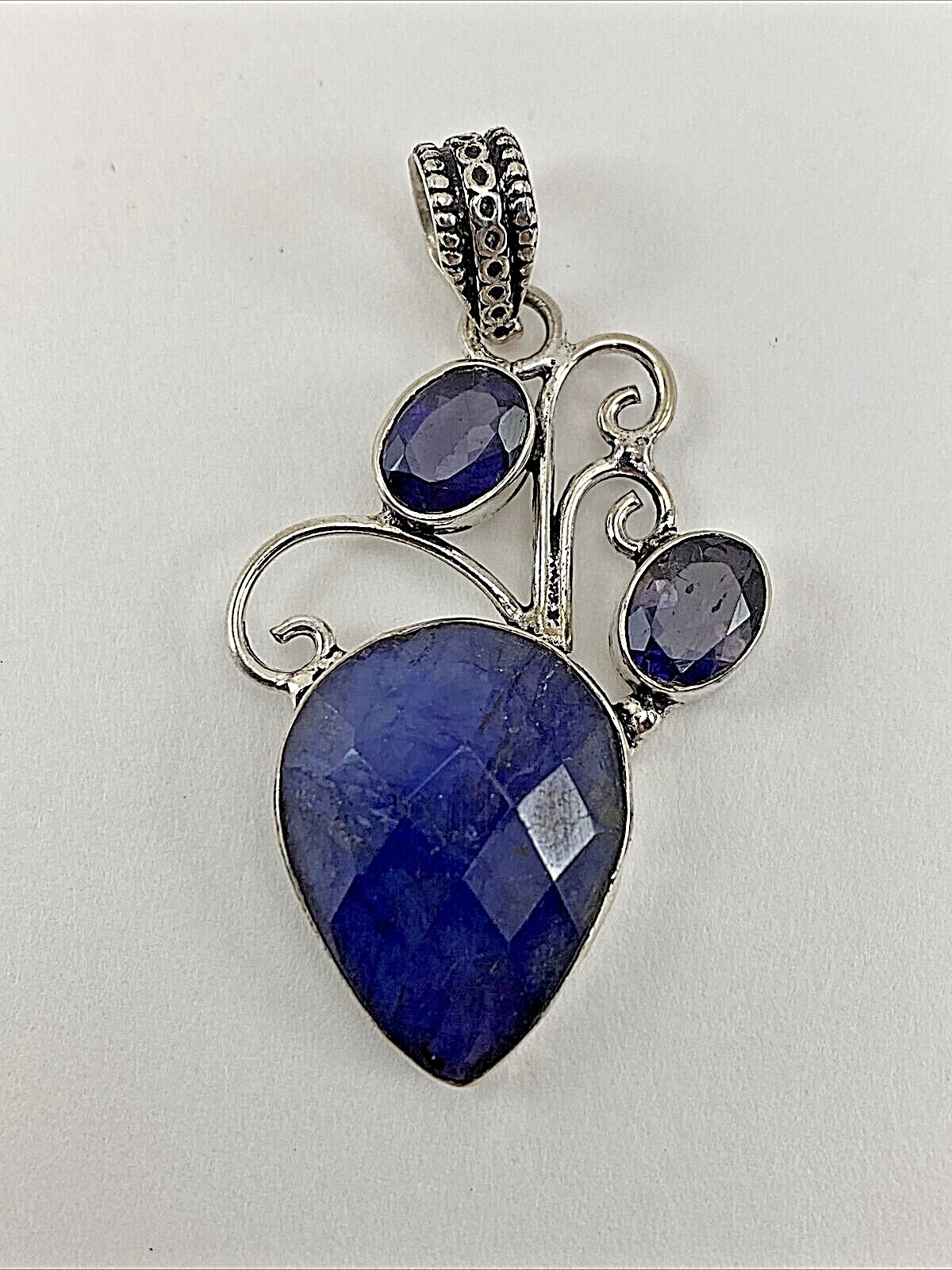 Sterling Silver .925 17mm x 21mm Faceted Pear Sapphire Amethyst Scroll Pendant