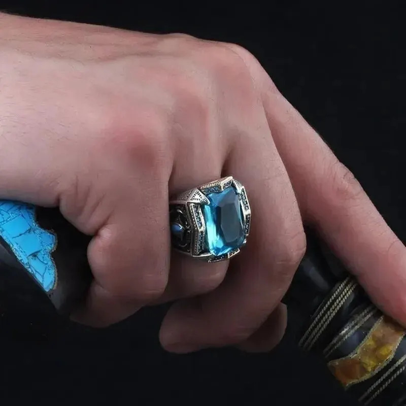 Turkish Signet Ring Silver Color Carved Zircon Inlay Biker Style Unisex Jewelry
