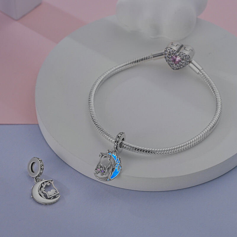 MULA European Silver Plated CZ Charm Enamel Swing and Moon For Women Bracelet