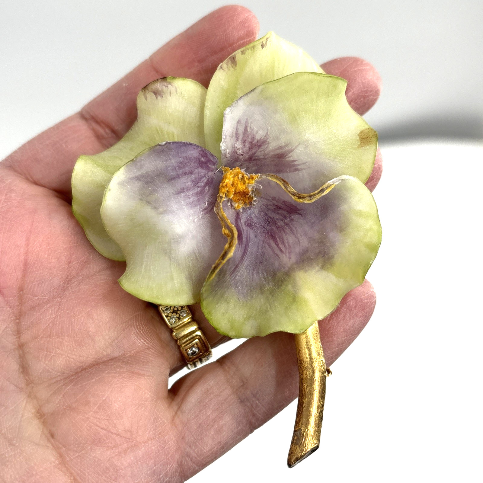 Vtg Fabrice Paris Brooch Translucent Pansy Flower Lucite Resin Gold Tone Stem