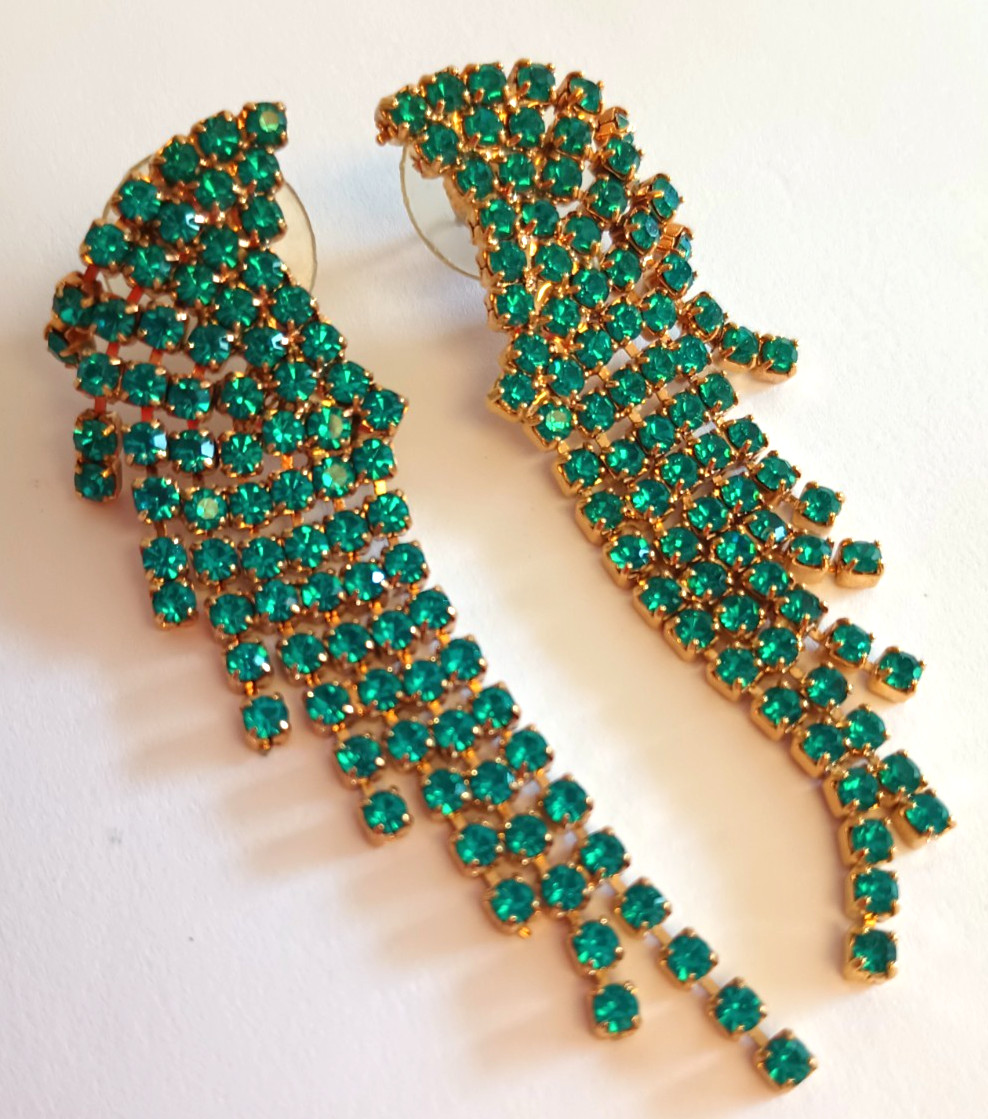 Vintage Elizabeth Cole Waterfall Blue Dangle Pierced Earrings Crystals Gold Tone