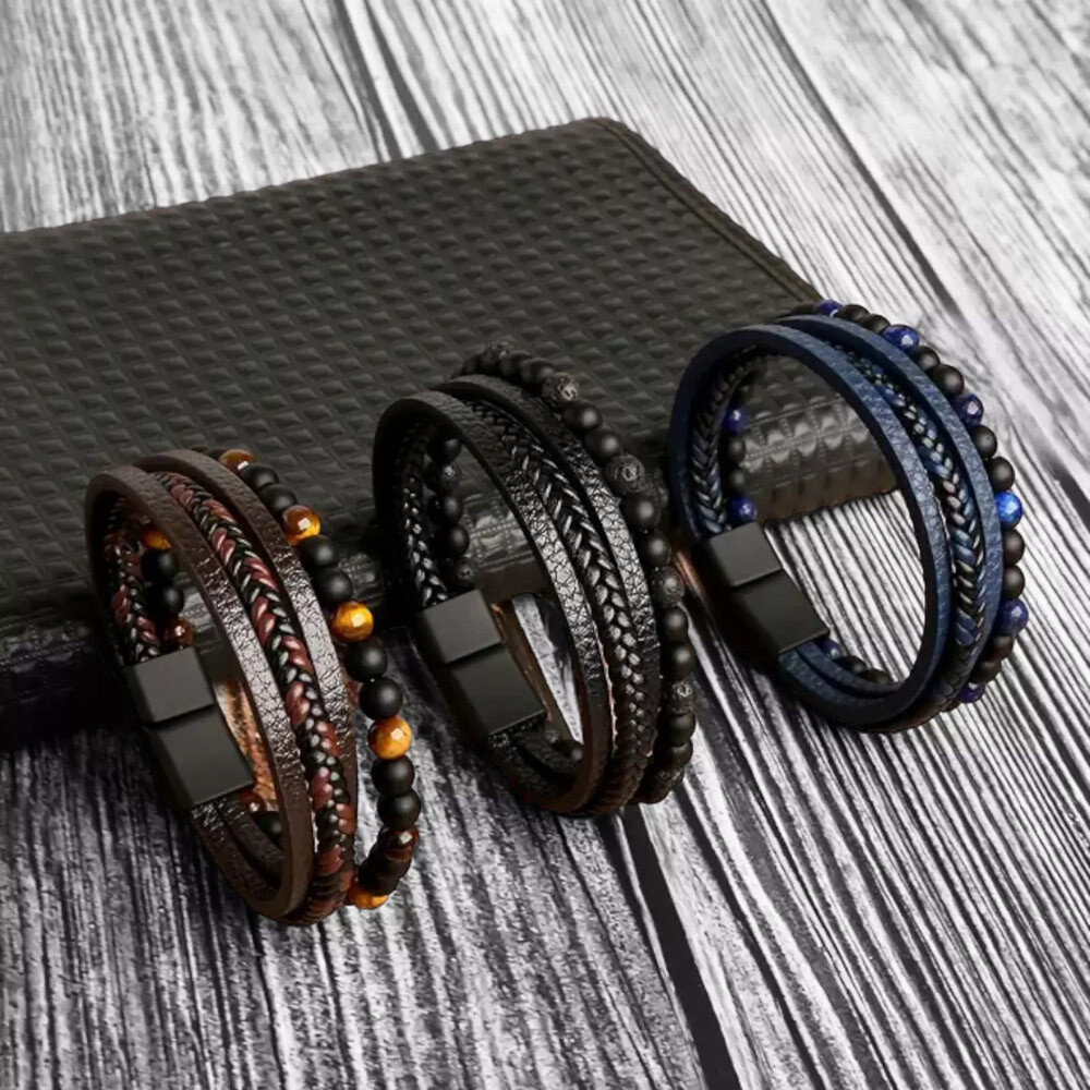 Men’s Layered Braided Leather Beaded Bracelet With Tiger Eye Natural Stone US
