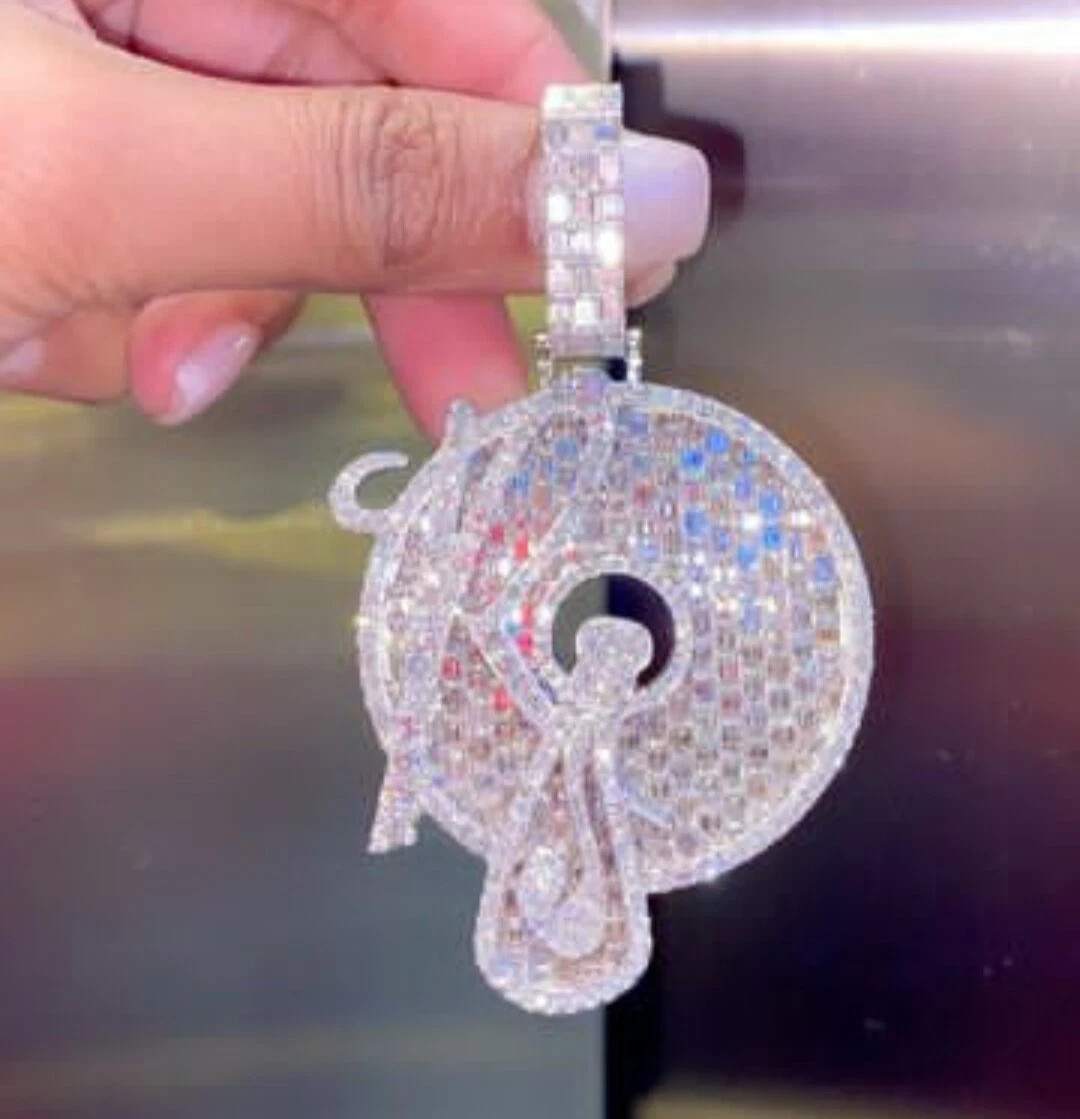 3 ct RD Emerald Cubic Zirconia Custom Disk Initial Name Pendant in Silver