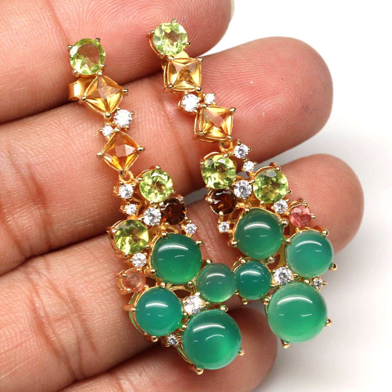 925 Silver Green Agate, Peridot, Citrine, Tournaline & Cubic Zirconia Earrings