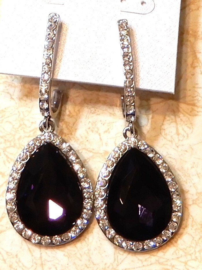 earrings – purple surrounded by rhinestones 2 1/2 inches