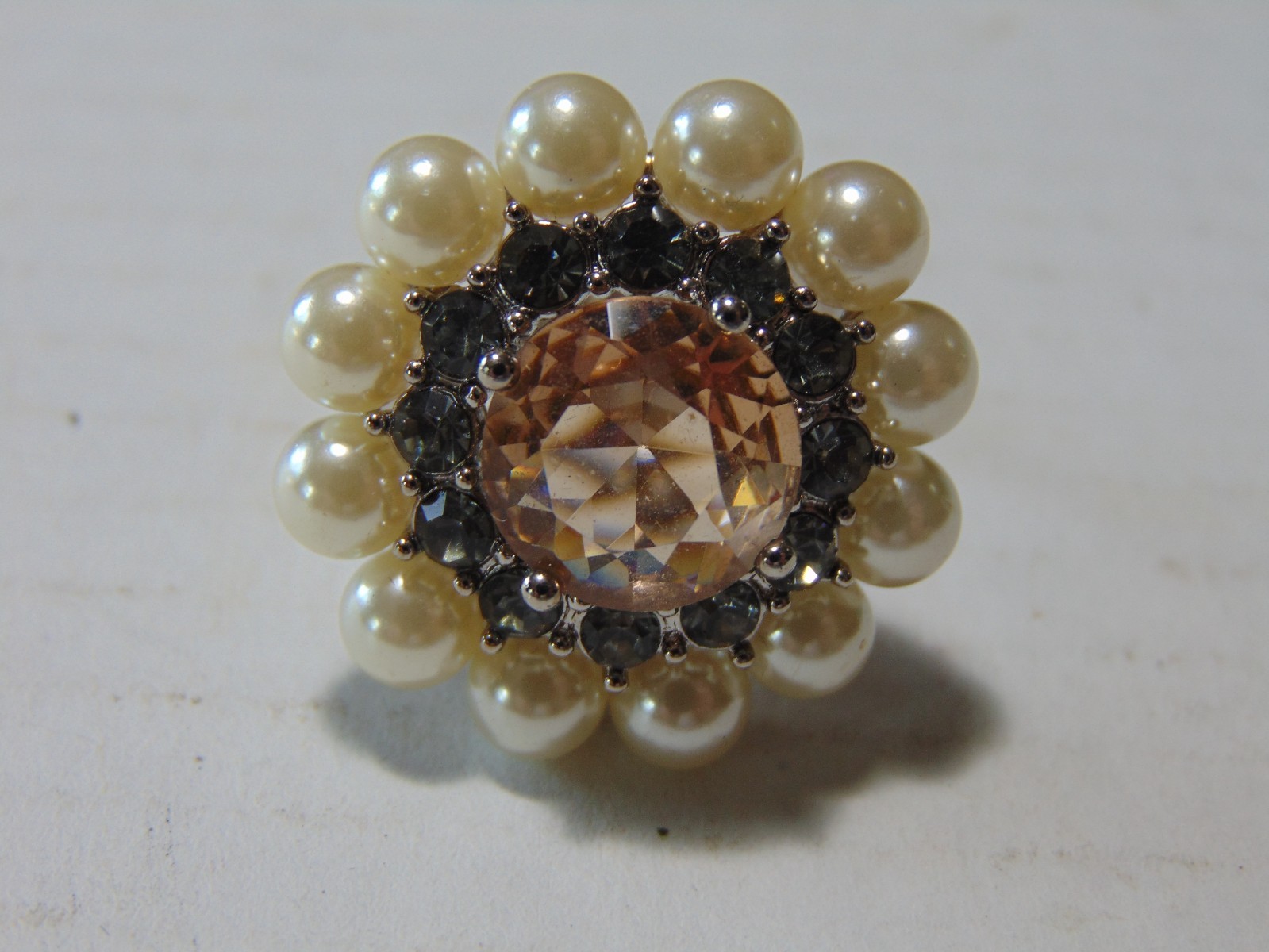 VTG NVC Faux Pearl Topaz Glass Cocktail Ring Size Adjustable FREE SHIPPING