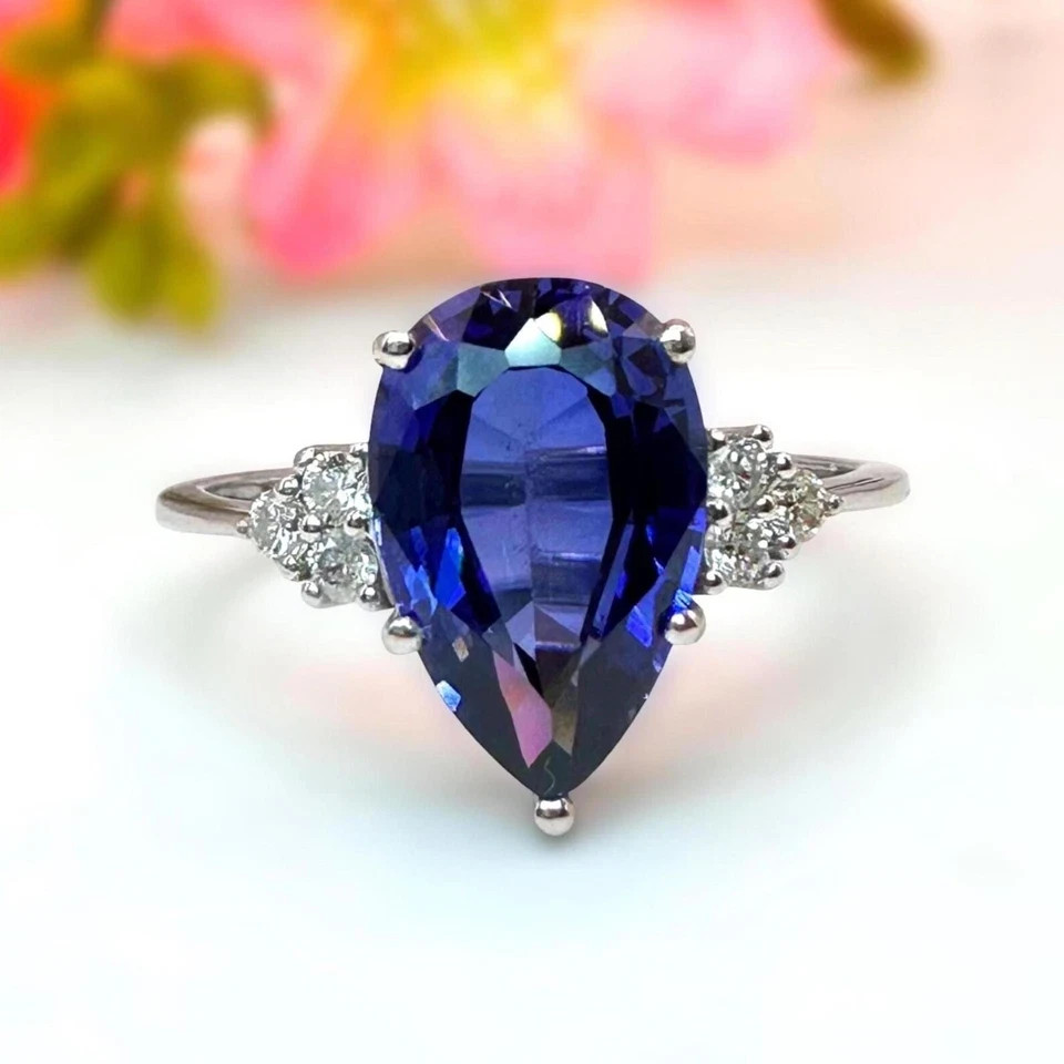 4.80Ct Pear Cut Natural Blue Sapphire & Diamond 14K White Gold Wedding Ring