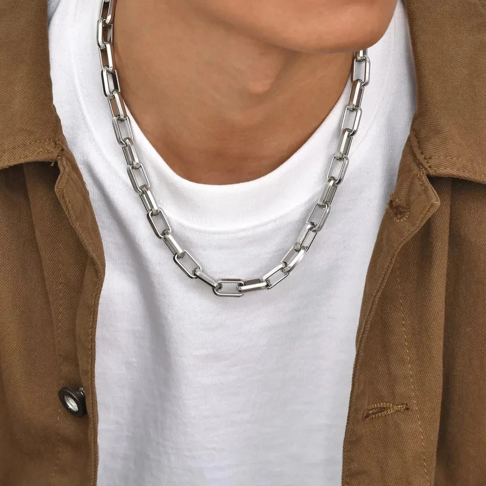 Stainless Steel Chain Necklace Rectangle Square Link Punk Collar Men Jewelry
