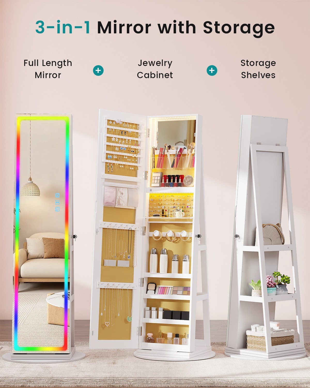 360° Rotating Jewelry Cabinet with Full Length Mirror, Standing Jewelry Organize