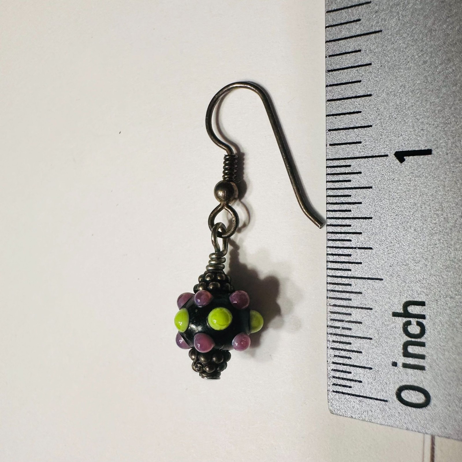 Lampwork Bead Dangle Earrings Bright Yellow-Green & Purple-Pink Glass Silver