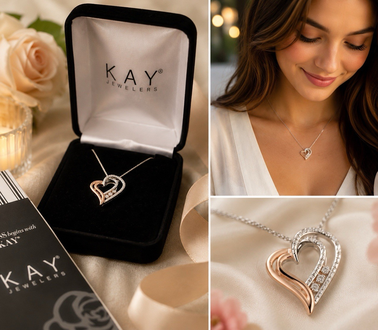 Authentic Kay Jewelers Floating Diamond Double Heart Necklace Rose Gold &Silver