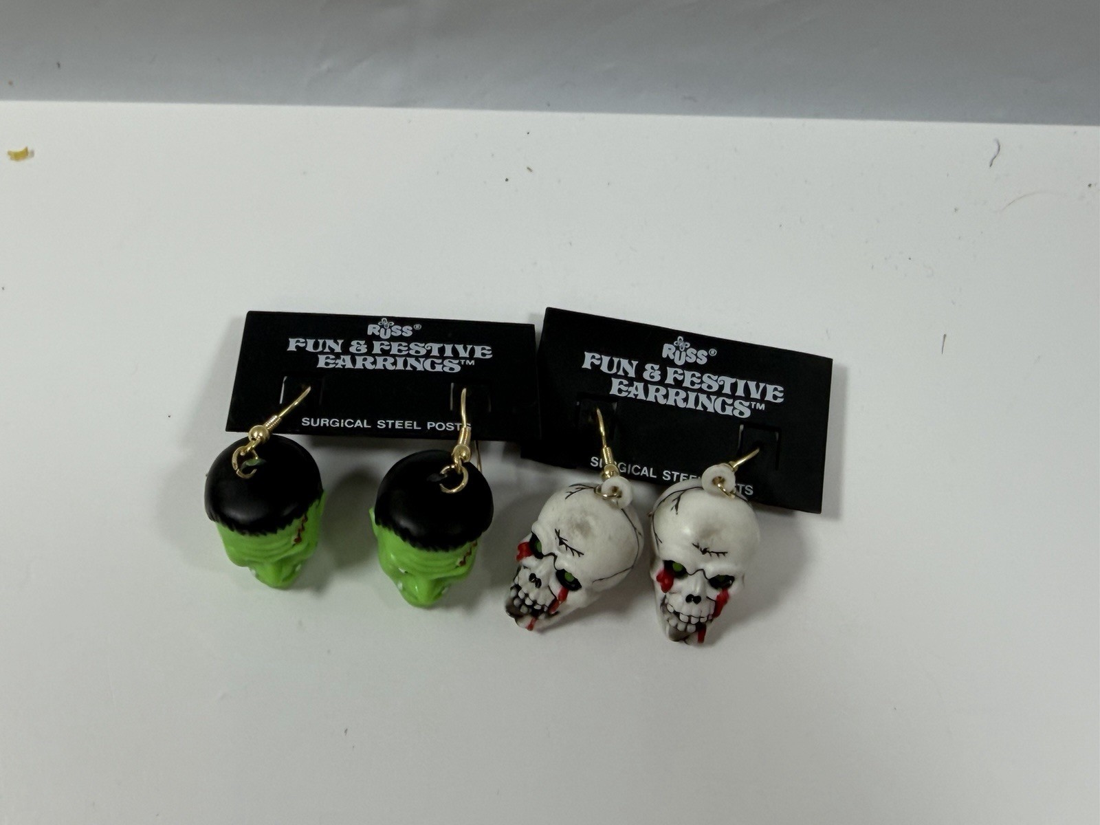 2 PAIRS Vintage Halloween Earrings Frankenstein Monster Skulls Russ Dangle Drop