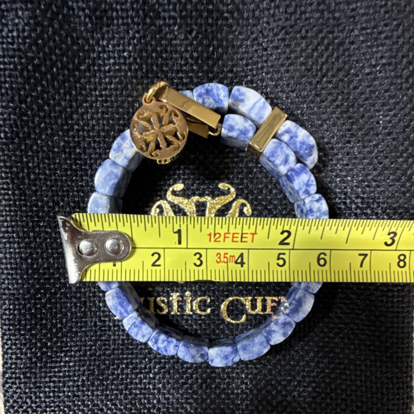 Rustic Cuff Blue Stone Beaded Bracelet Gold Dangle Charm Round 7″