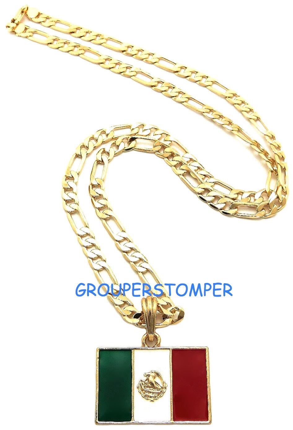 Mexico Flag Small Pendant Necklace With 24 Inch Long Figaro Chain