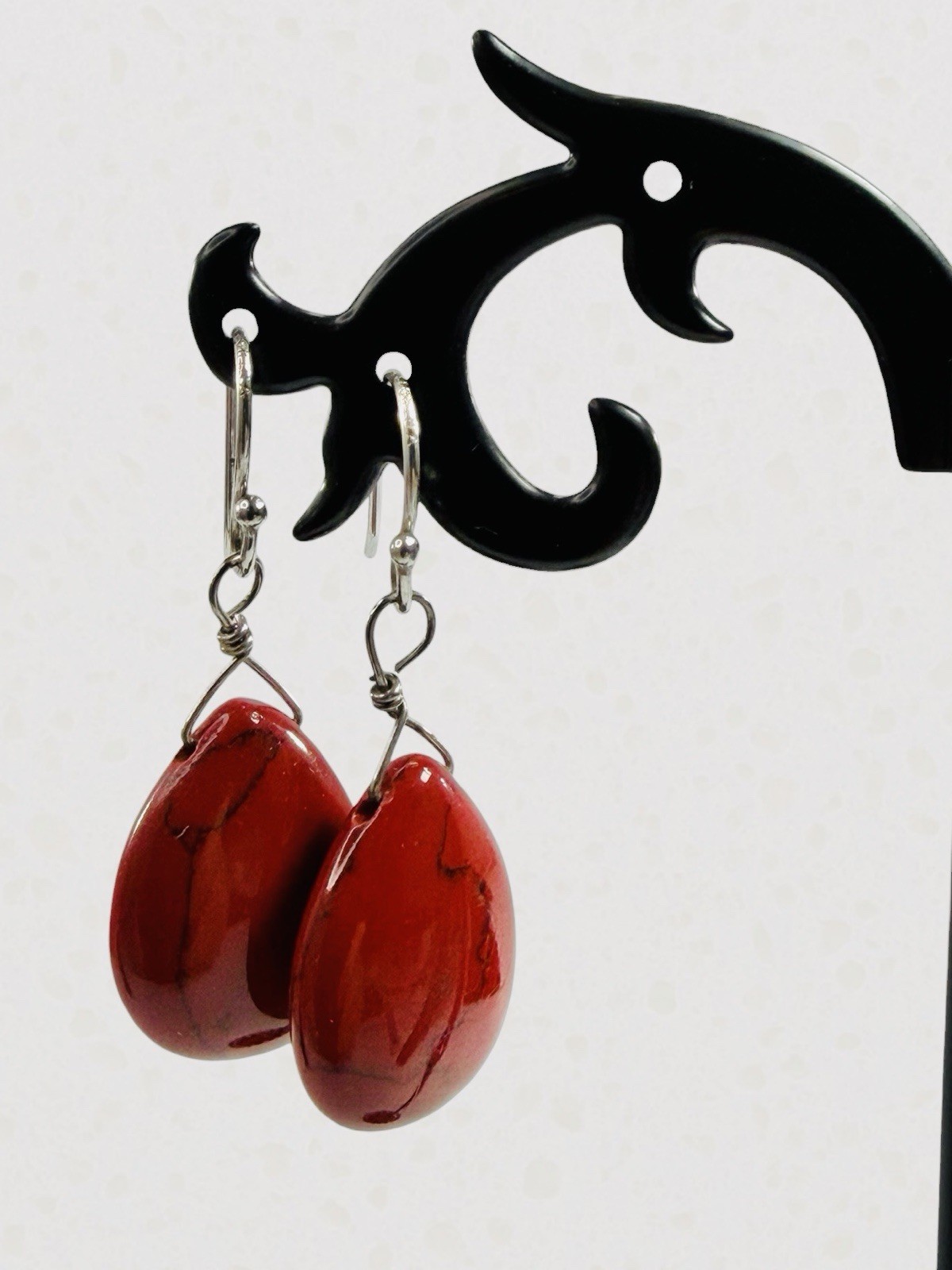 Sterling Silver Red Burgundy Carnelian Stone Dangle Drop Earrings Teardrop Hook