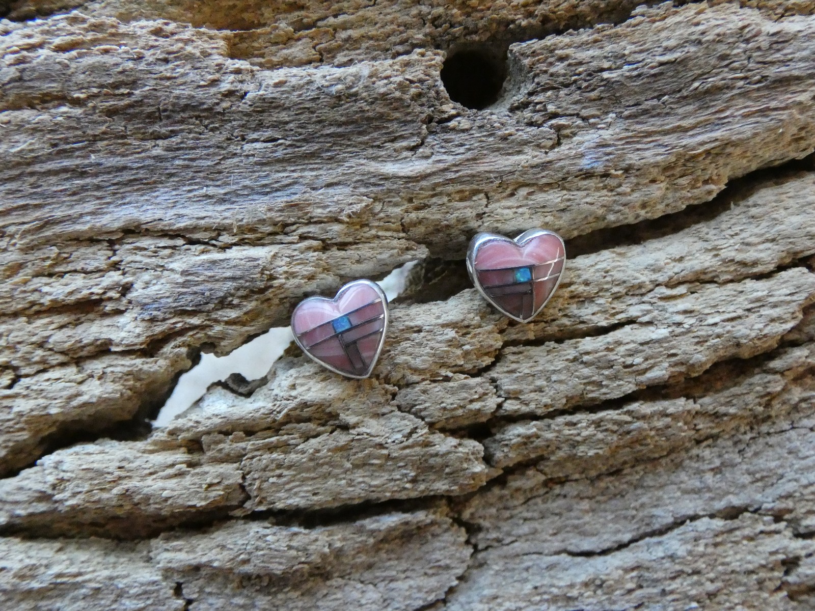 Pink Conch Shell & Opal Sterling Silver Gemstone Heart Small Post Earrings BF24