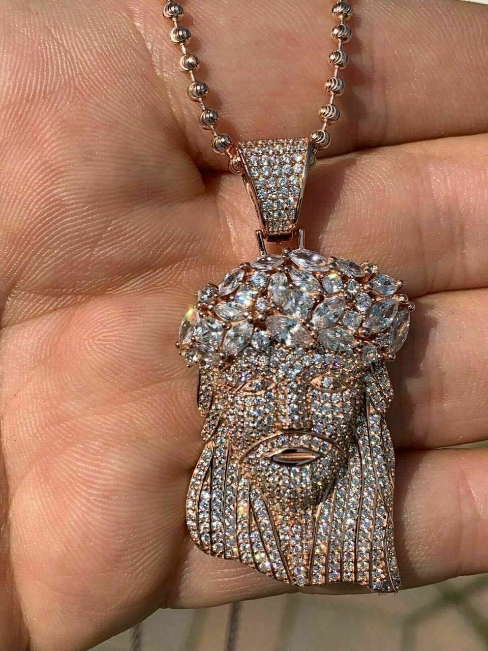 Men’s 14k Rose Gold Plated Solid 925 Silver Jesus Piece Pendant CZ Bust Down