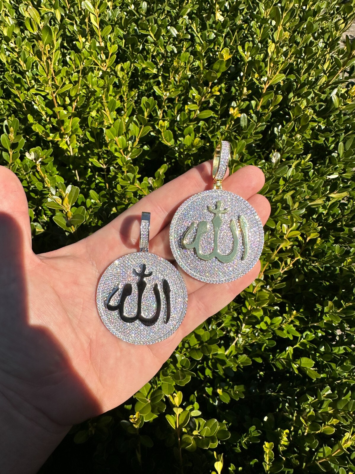 MOISSANITE Real 925 Silver / Gold Allah Medallion Arabic Necklace Pendant Iced