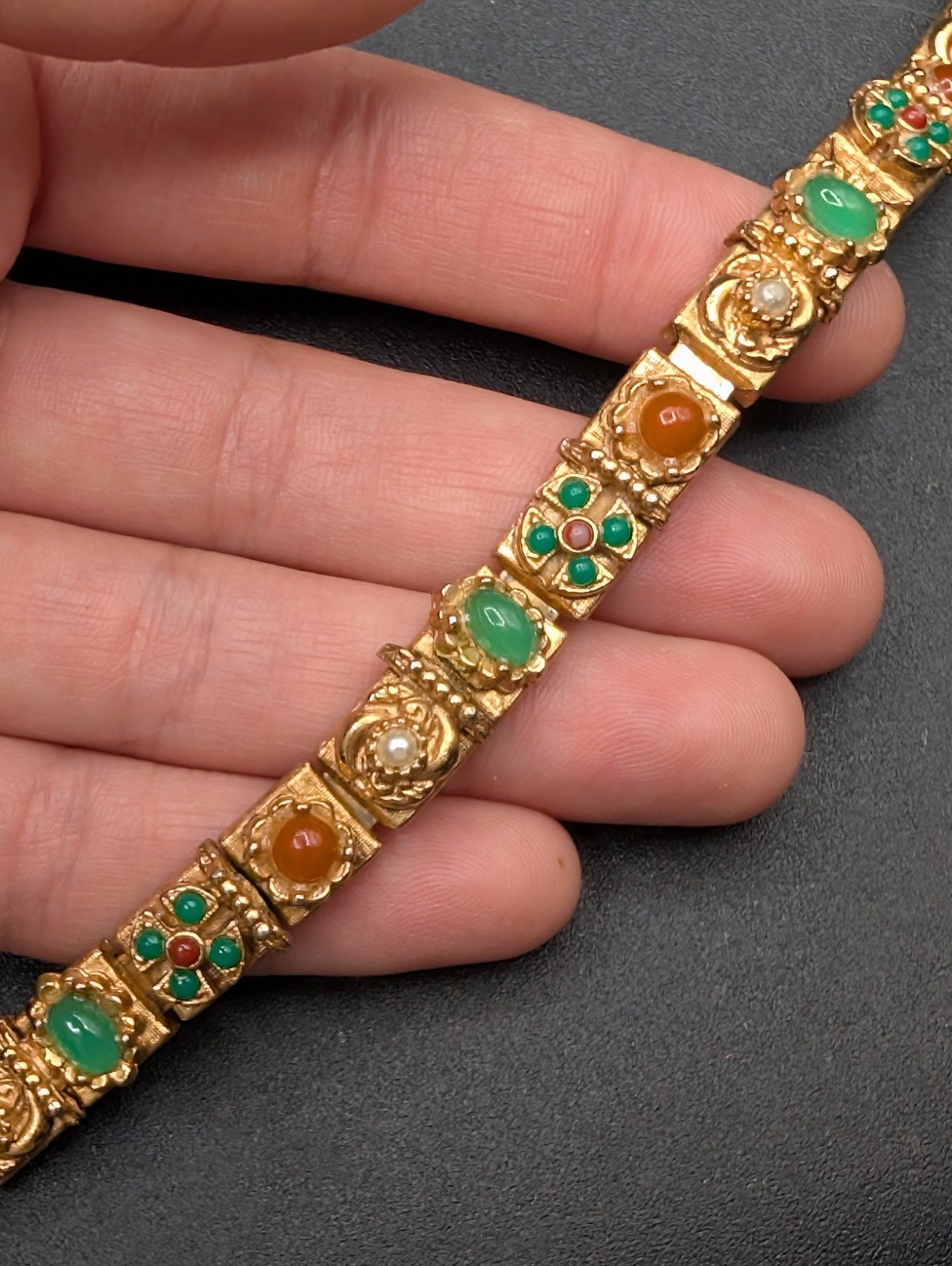 Vtg HATTIE CARNEGIE Signed Etruscan or Victorian Revival Gold Tone Bracelet