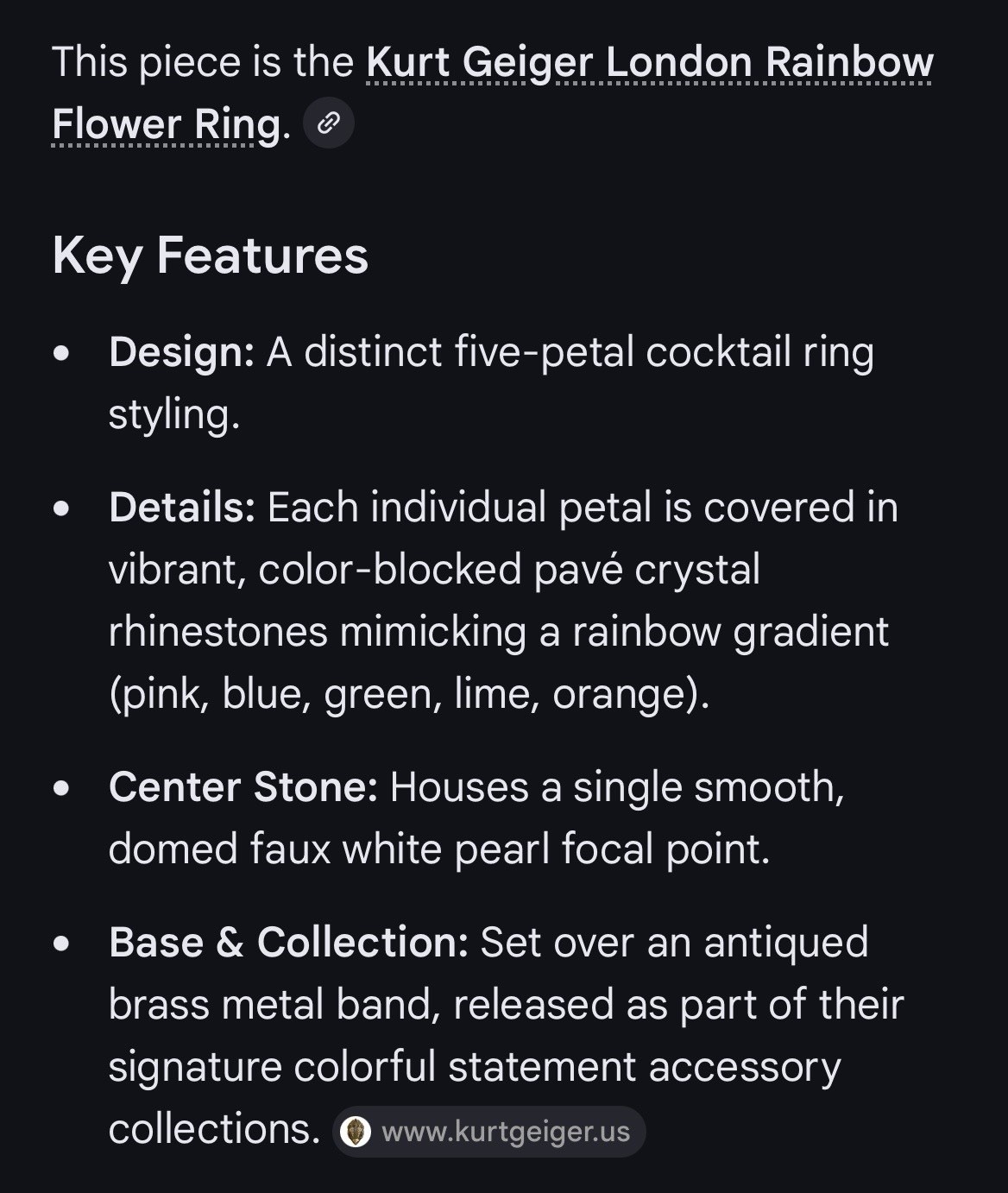 Kurt Geiger London Flower Cocktail Ring Multicolor Rhinestone Faux Pearl Sz 7