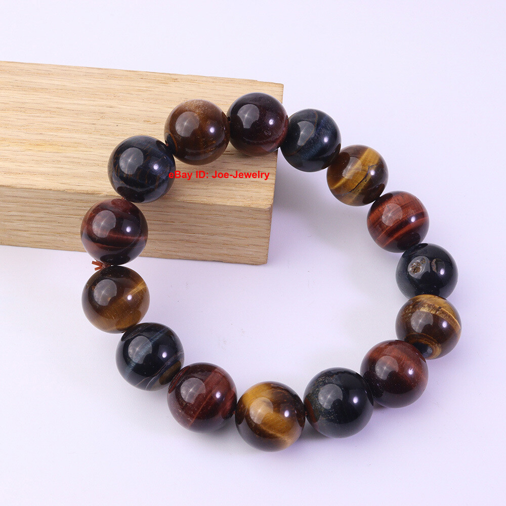 Natural Brown Tiger’s Eye 14mm Round Bead Handmade Bracelet Fit Wrist 6.88inch