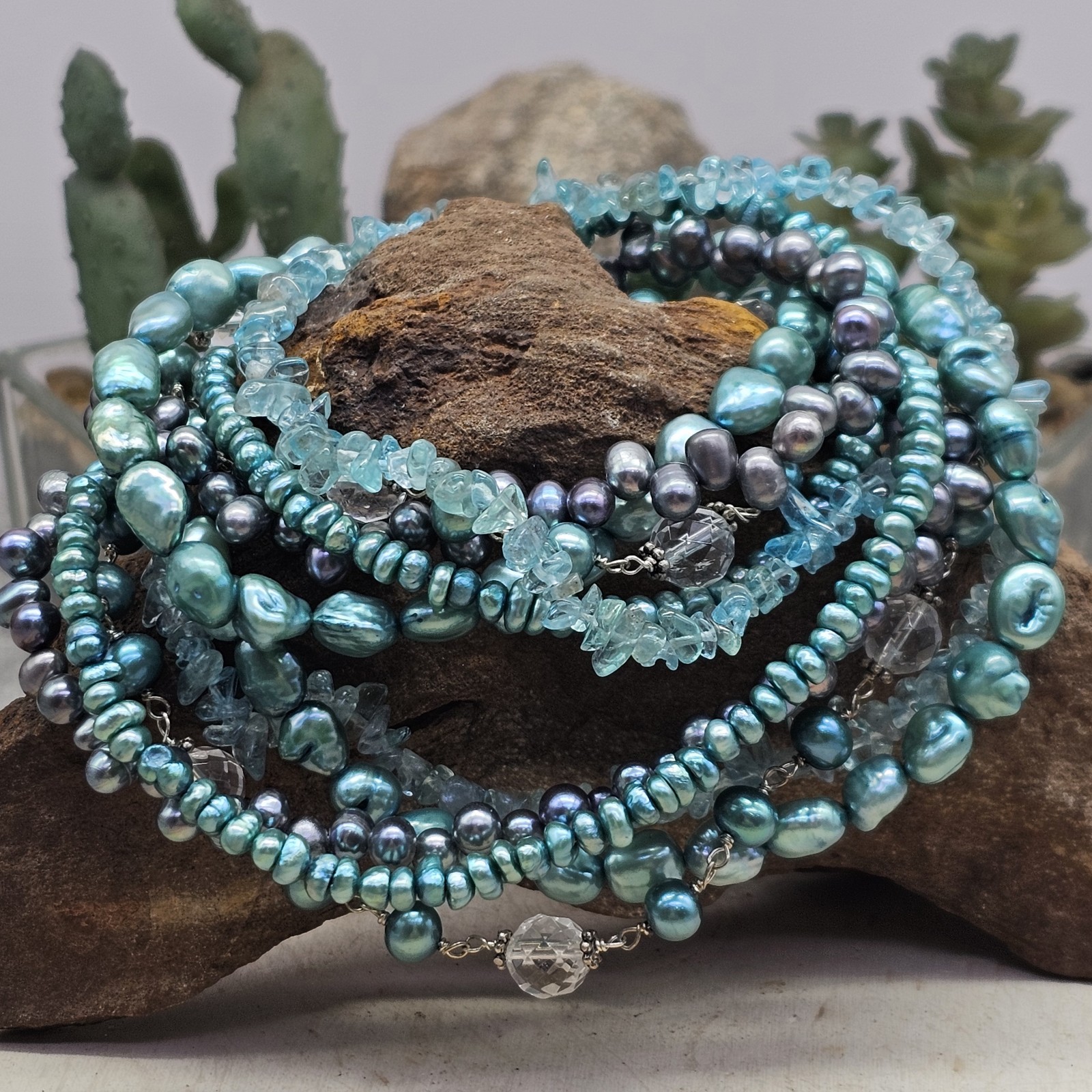925 Sterling Multi Strand Pearl Apatite Quartz Beaded 17″+ Necklace Blues