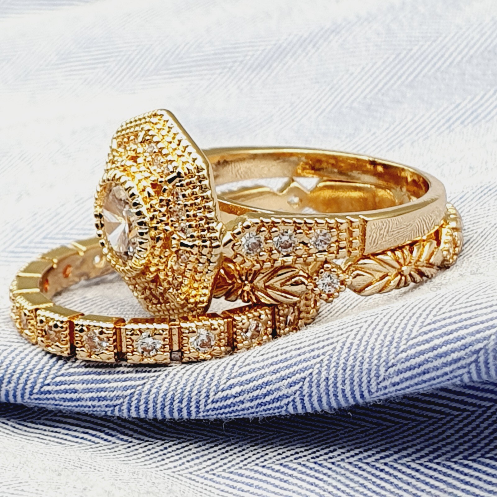 Gold Plated Geometric Vintage Ring Set 2Ct CZ Wedding Trio Set Couple Gifts Band